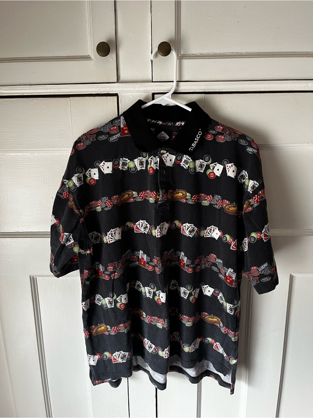 Tabasco - Black Poker-Print Short Sleeve Polo with Casino Images - Men’s Size L